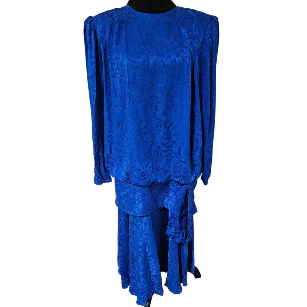 Argenti 100% Pure Silk Dress Size 12 Royal Blue Jacquard 80s Vintage HK